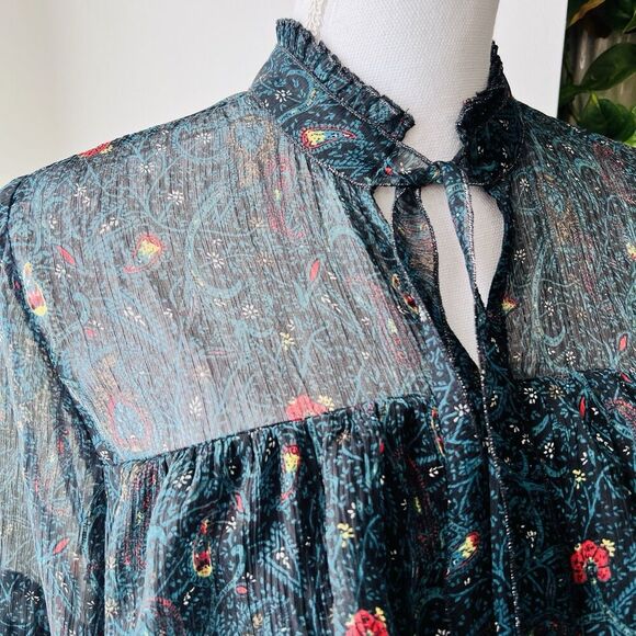 Lucky Brand Green Floral Ruffly Lightweight Flowy Romantic Blouse Size Small - Picture 2 of 9